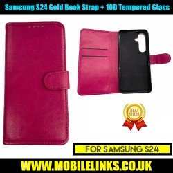 Samsung Galaxy S24 Pink Book Case with Strap + 10D Tempered Glass